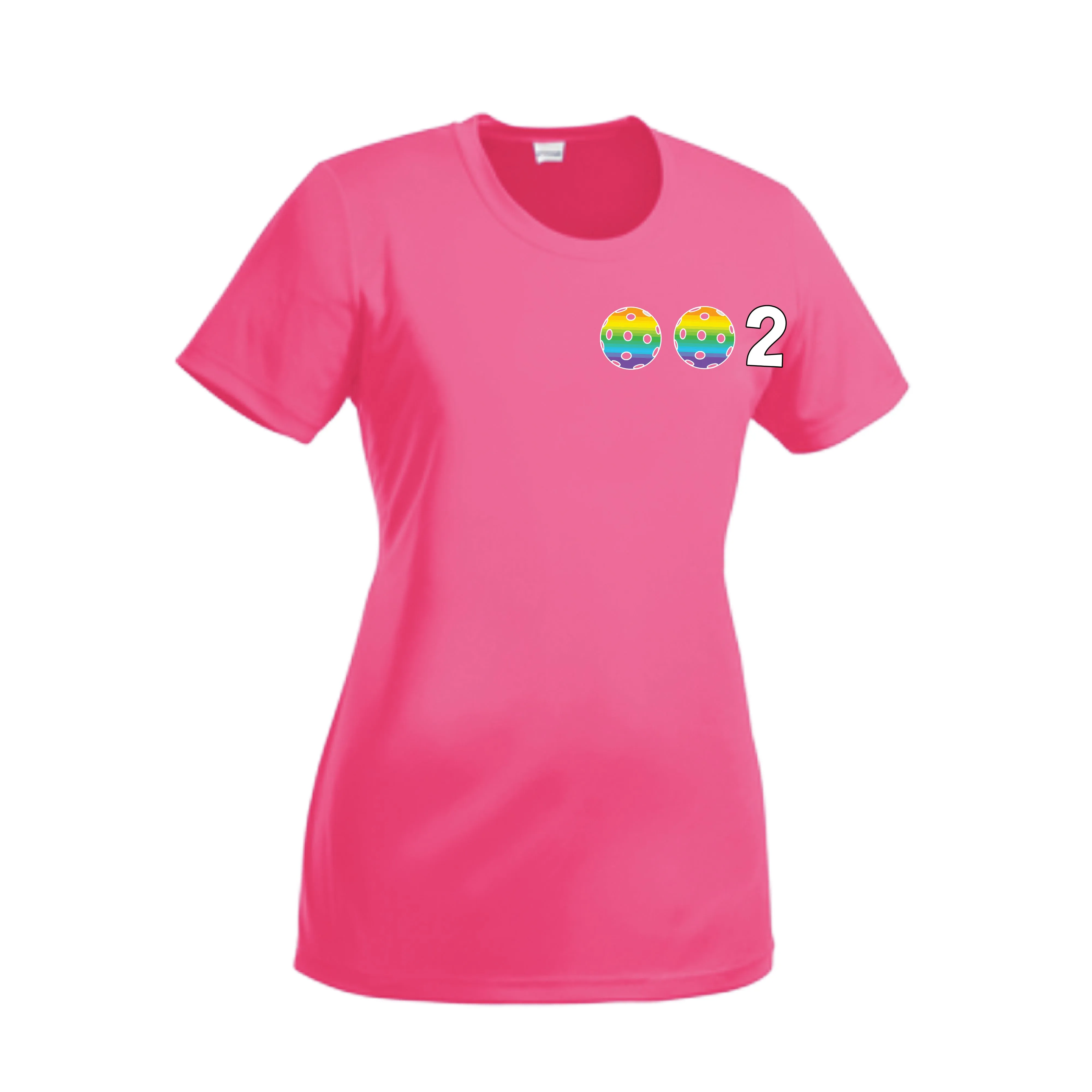 002 With Pickleballs (Cyan Purple Rainbow) Customizable | Women’s Short Sleeve Crewneck Pickleball Shirts | 100% Polyester