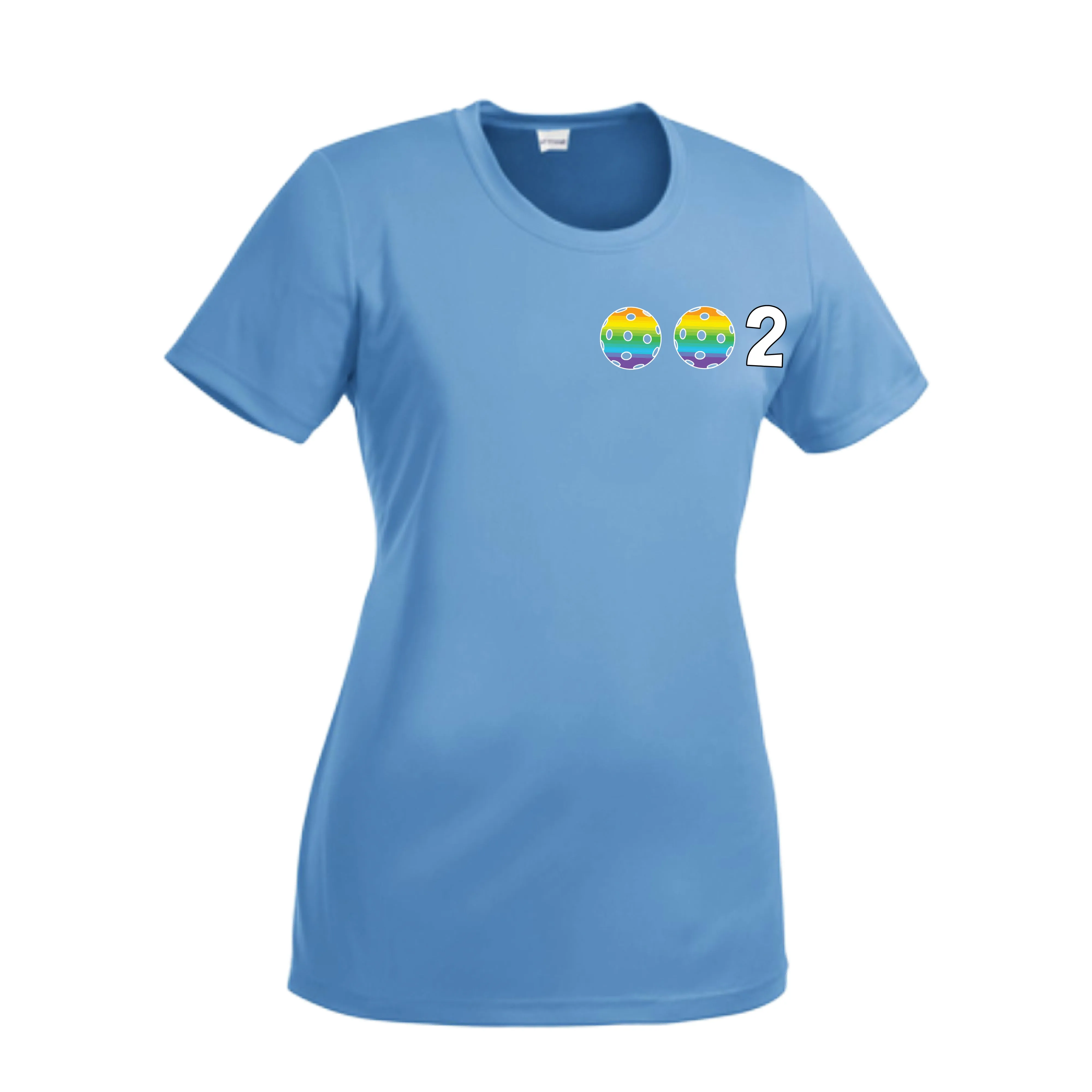 002 With Pickleballs (Cyan Purple Rainbow) Customizable | Women’s Short Sleeve Crewneck Pickleball Shirts | 100% Polyester