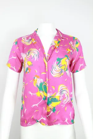 80s short sleeve pink rayon blouse with cockerel print - S