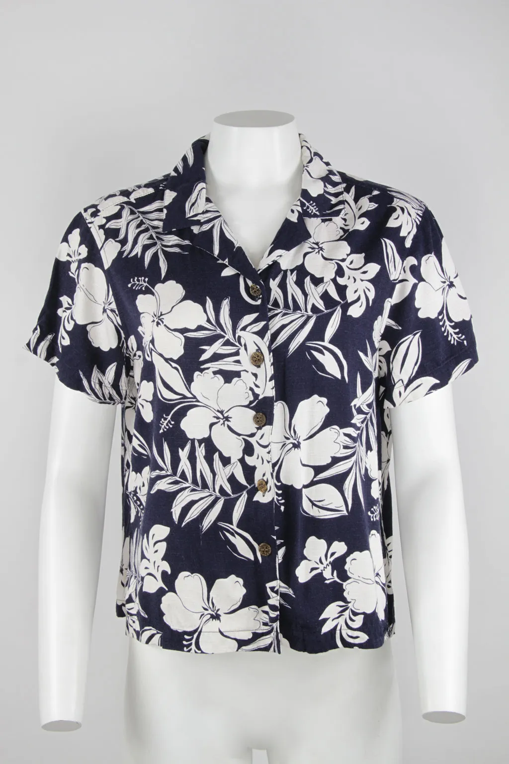 90s Navy and white Hawaiian short sleeve blouse - M