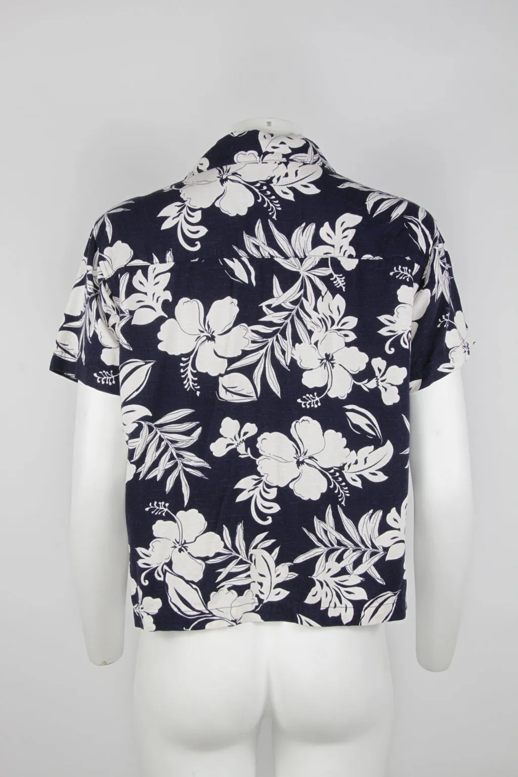 90s Navy and white Hawaiian short sleeve blouse - M