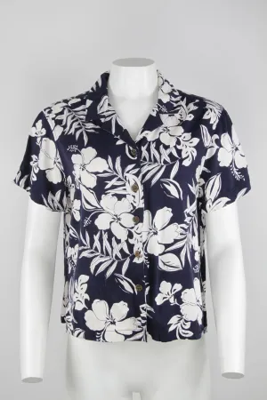 90s Navy and white Hawaiian short sleeve blouse - M