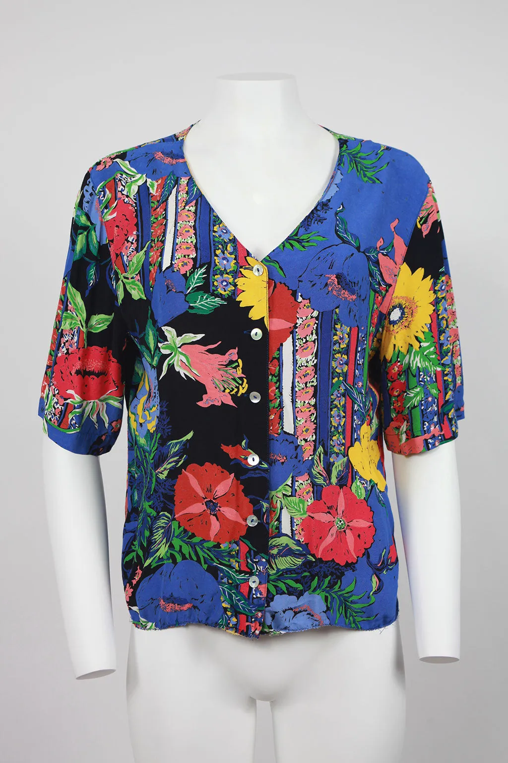 90s short sleeve floral print collarless blouse - M
