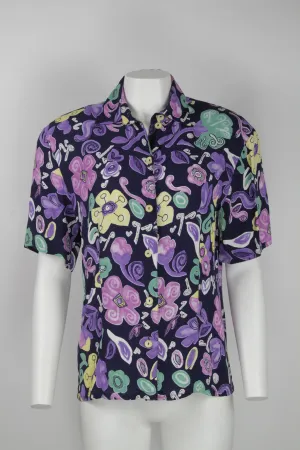 90s short sleeve purple floral blouse - S