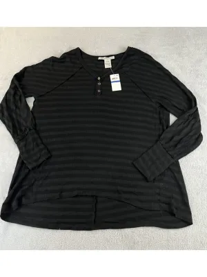 AMERICAN RAG Womens Black Striped Long Sleeve V Neck Hi-Lo Top