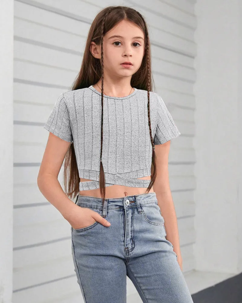 Arshiner Girls Crisscross Crop Tops Short Sleeve Tee