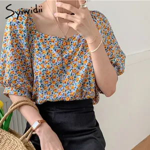 Back to College Joskaa Vintage Floral Print Blouse Women Puff Sleeve Square Collar Tops Short Sleeve Clothes 2024 Summer Korean Fashion Shirts