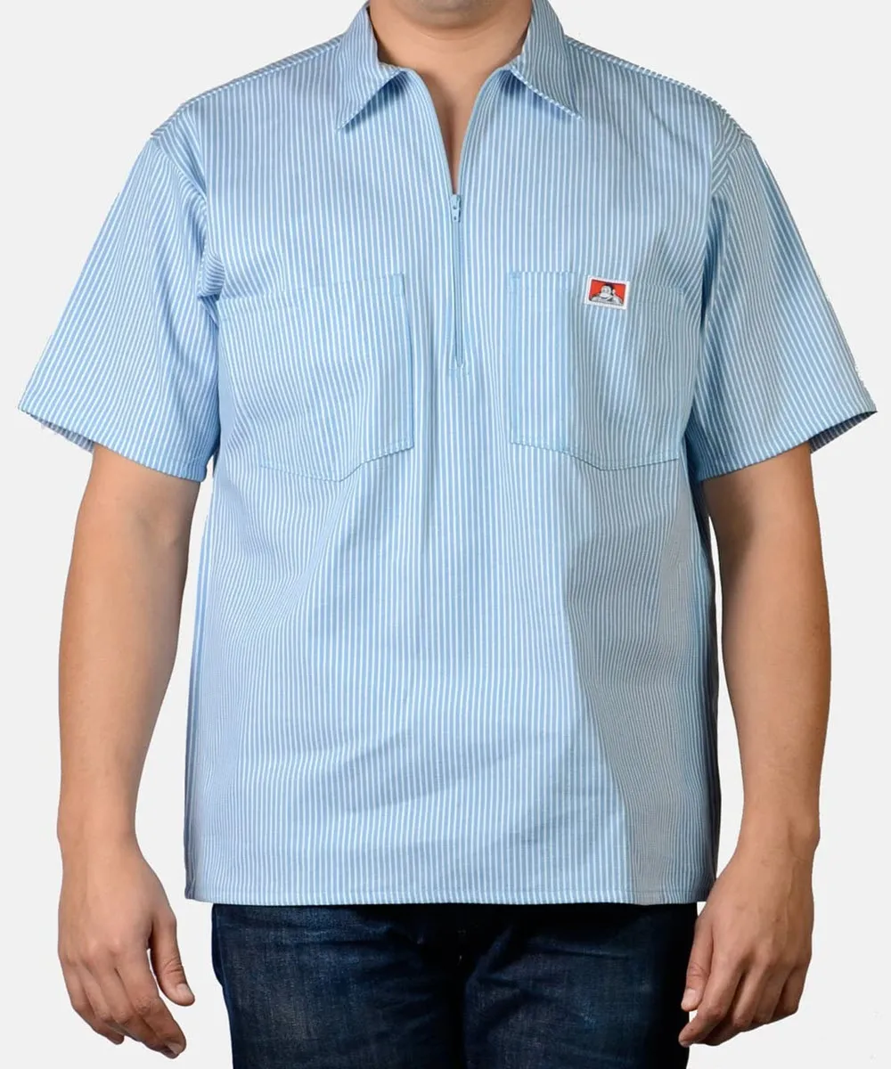 Ben Davis Short Sleeve Half-Zip Work Shirt - Blue Stripe