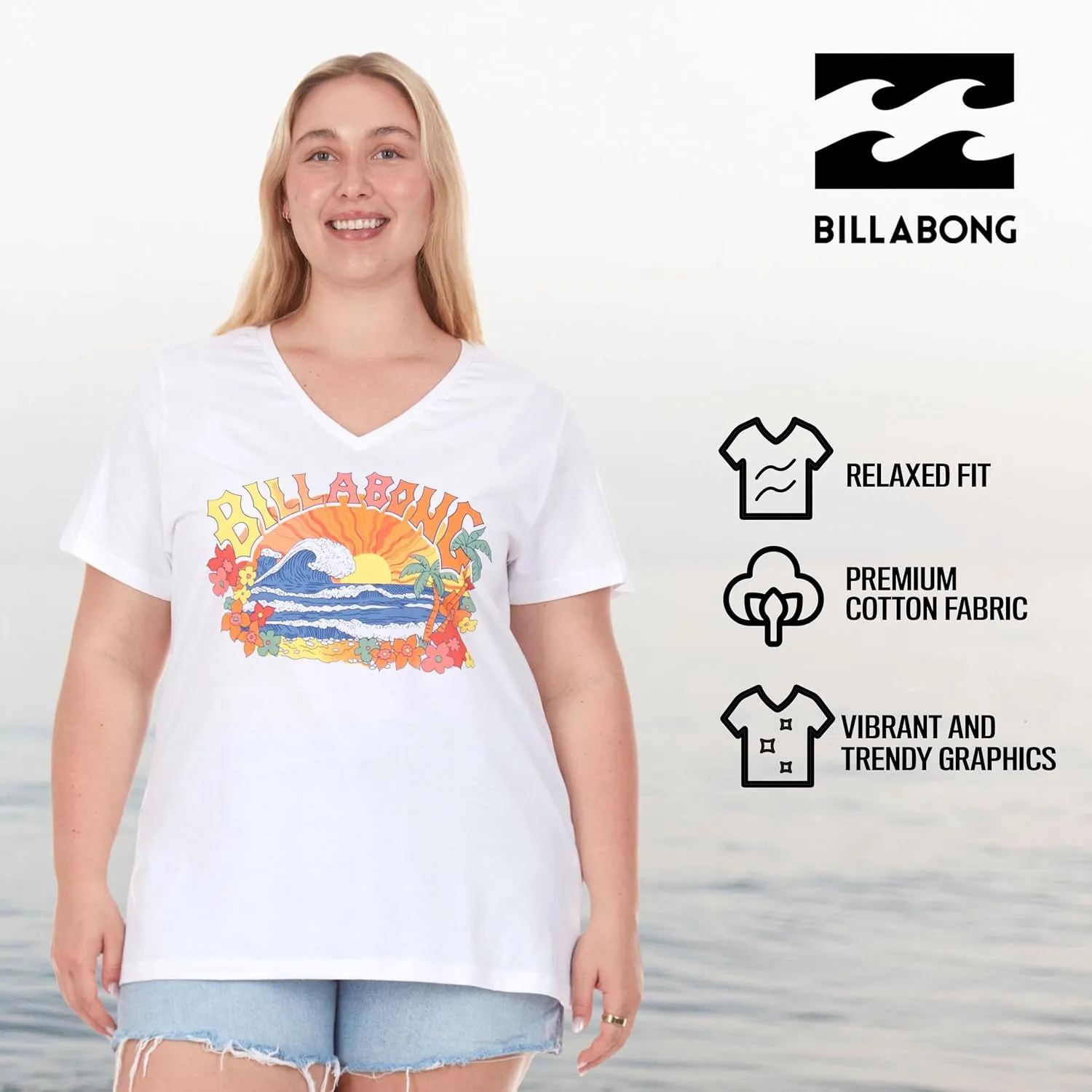 Billabong Plus Size T Shirts for Women - V Neck Oversized Womens Graphic Tees (XL-4X)