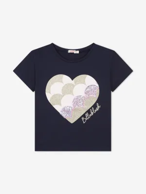 Billieblush Girls Sequin Heart T-Shirt in Navy
