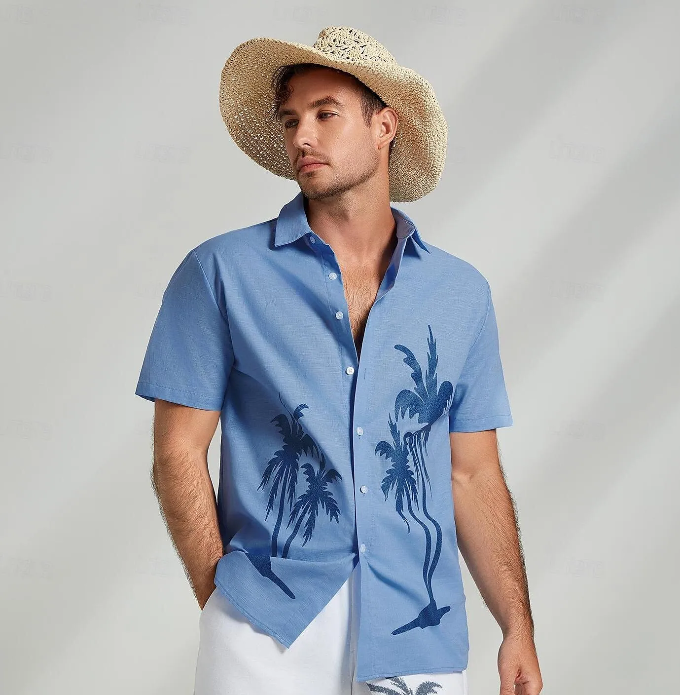 Cotton Linen Palm Tree Graphic Hawaiian Shirt