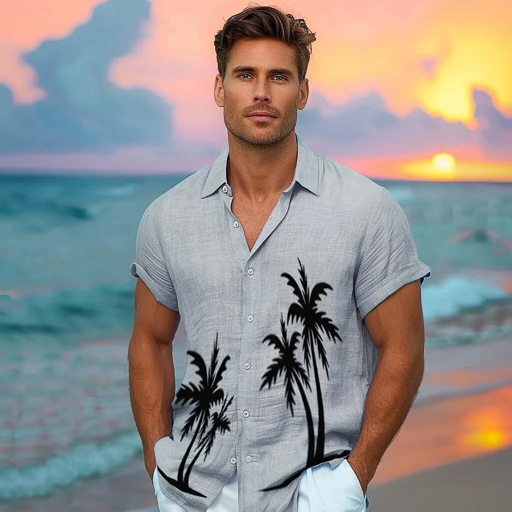 Cotton Linen Palm Tree Graphic Hawaiian Shirt