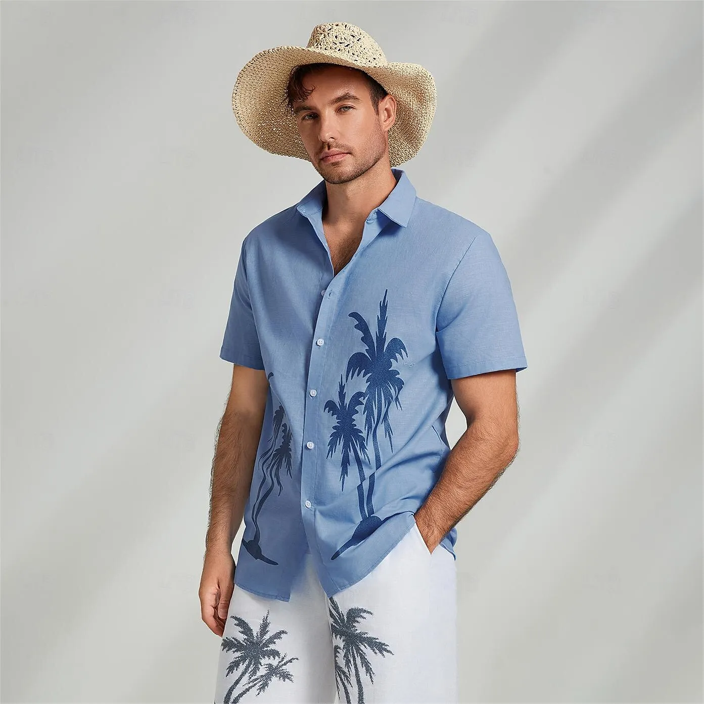 Cotton Linen Palm Tree Graphic Hawaiian Shirt