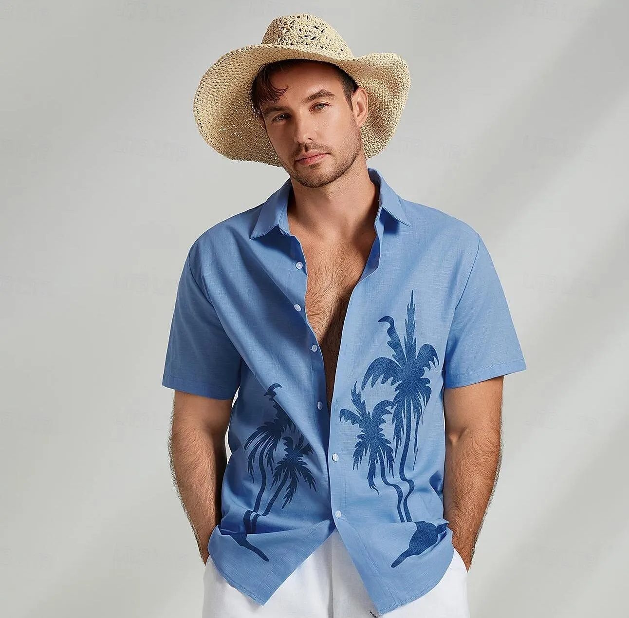 Cotton Linen Palm Tree Graphic Hawaiian Shirt