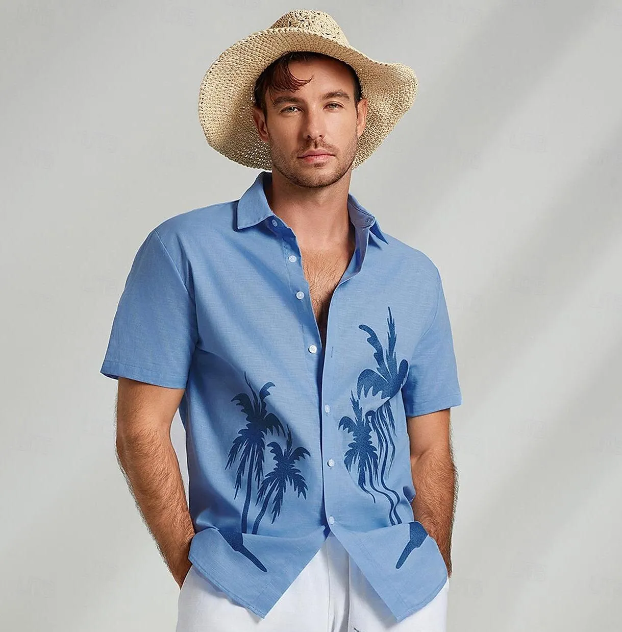 Cotton Linen Palm Tree Graphic Hawaiian Shirt
