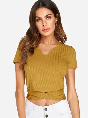 Custom V-Neck Crossed Front Short Sleeve Yellow T-Shirts