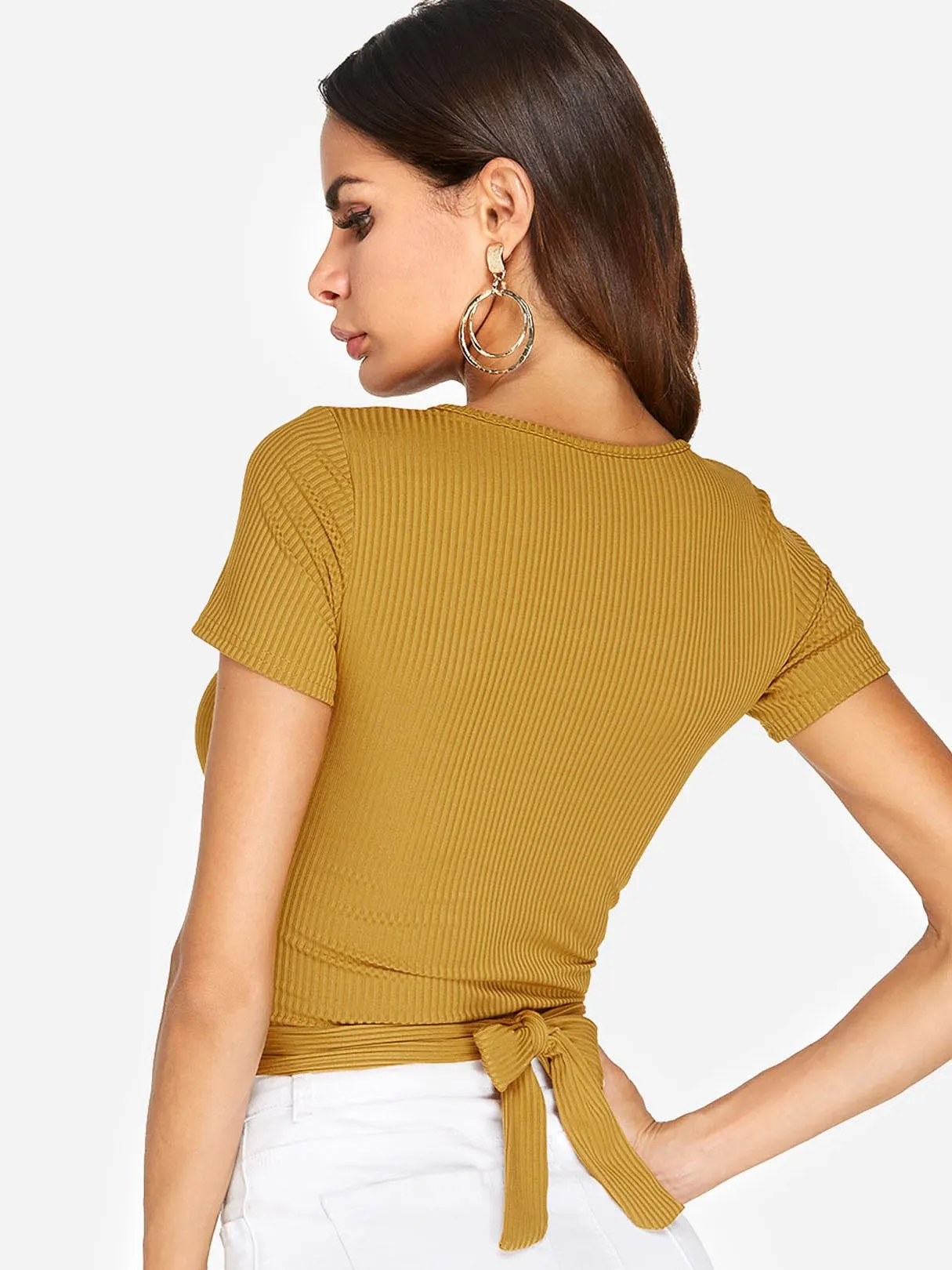 Custom V-Neck Crossed Front Short Sleeve Yellow T-Shirts