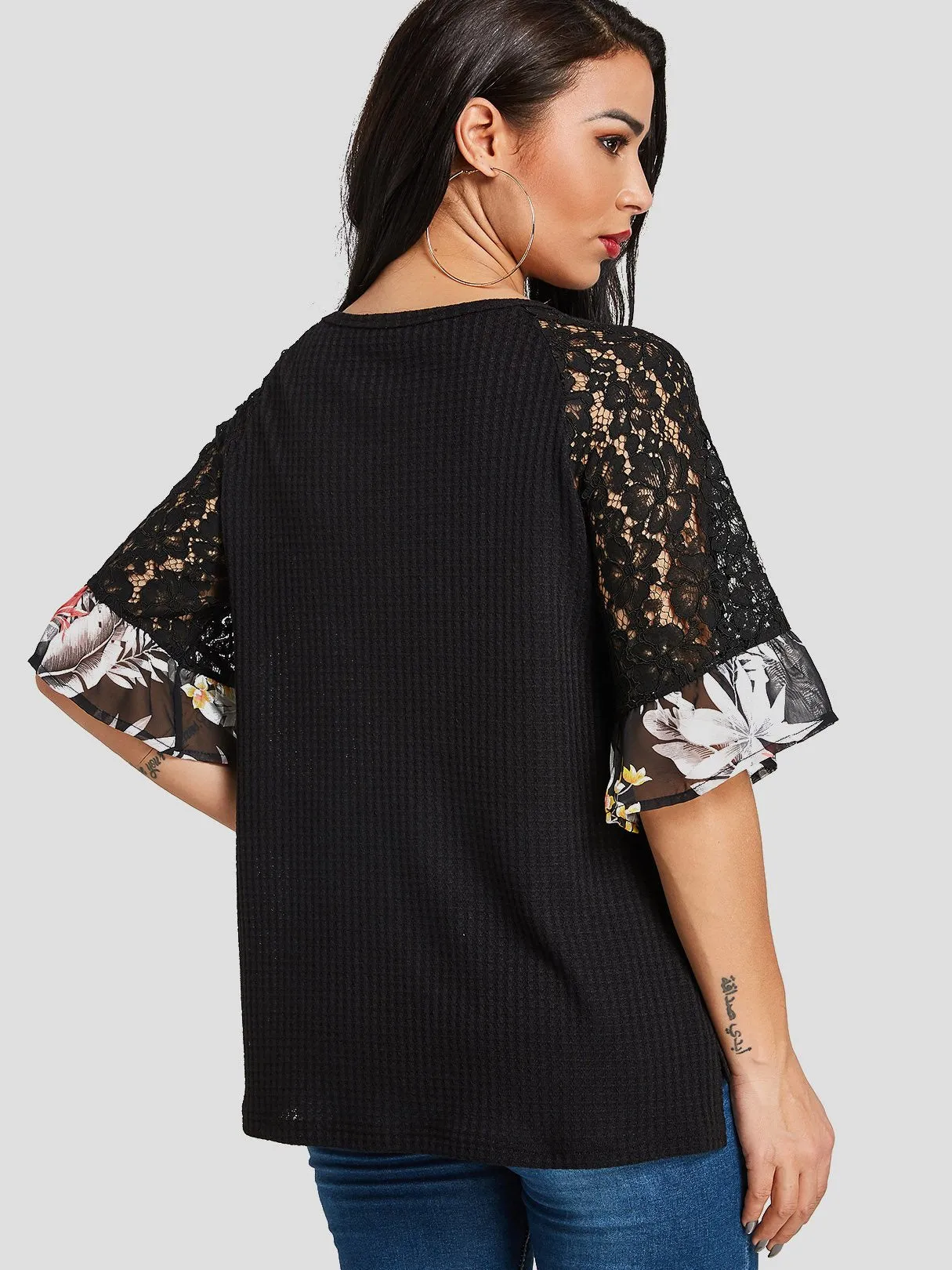 Custom V-Neck Lace Short Sleeve Black T-Shirts