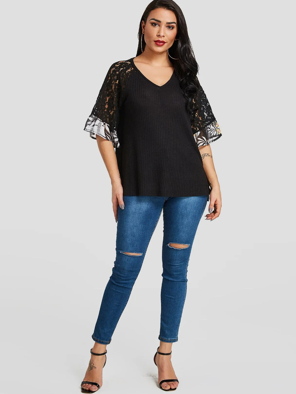 Custom V-Neck Lace Short Sleeve Black T-Shirts