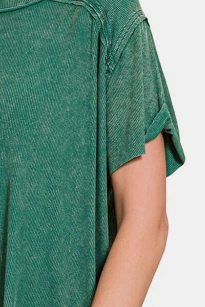 Drk Green Washed Ribbed Short Sleeve Top