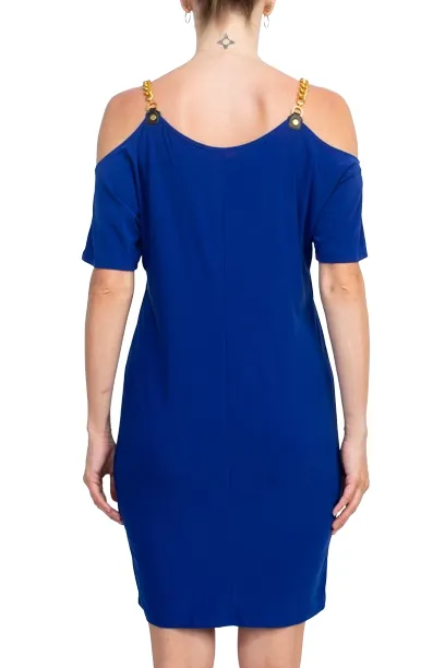 Emma & Michele Scoop Neck Chain Detail Cold Shoulder Short Sleeve Solid ITY Dress