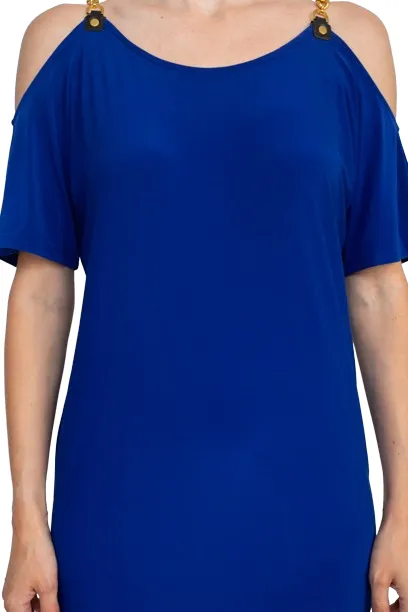 Emma & Michele Scoop Neck Chain Detail Cold Shoulder Short Sleeve Solid ITY Dress