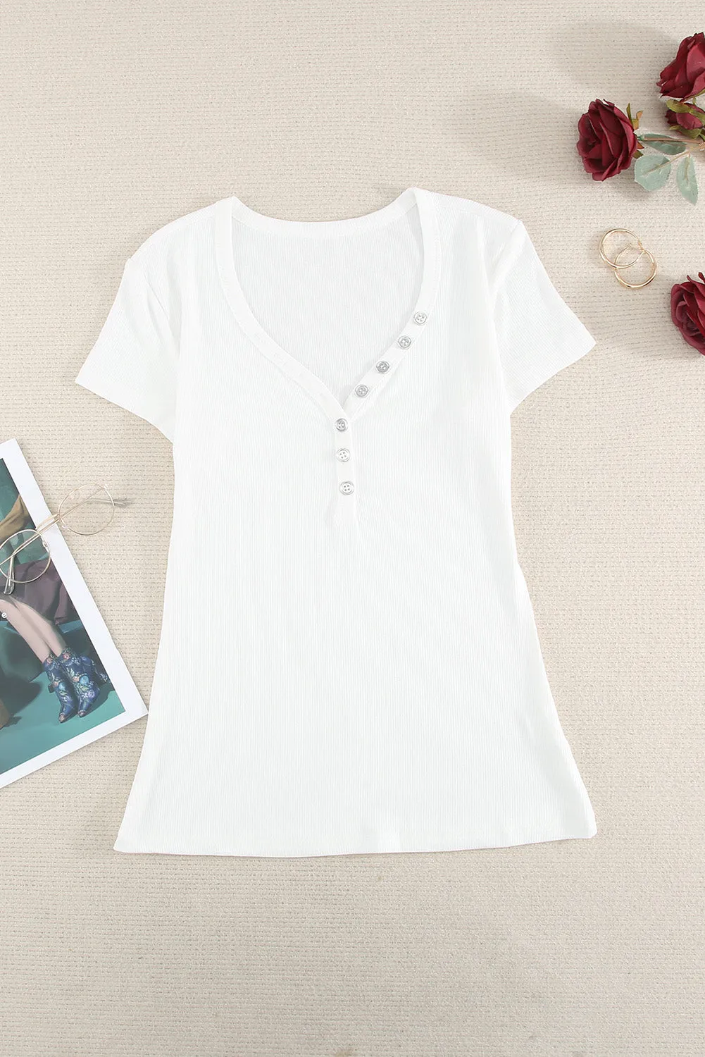 Gray Buttoned V Neck Slim-fit Short Sleeve T-shirt