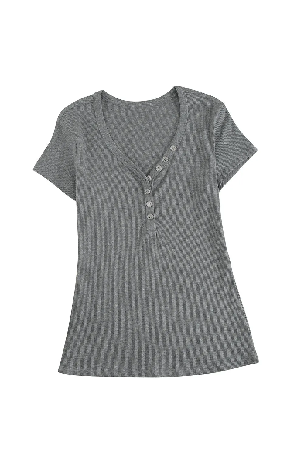Gray Buttoned V Neck Slim-fit Short Sleeve T-shirt