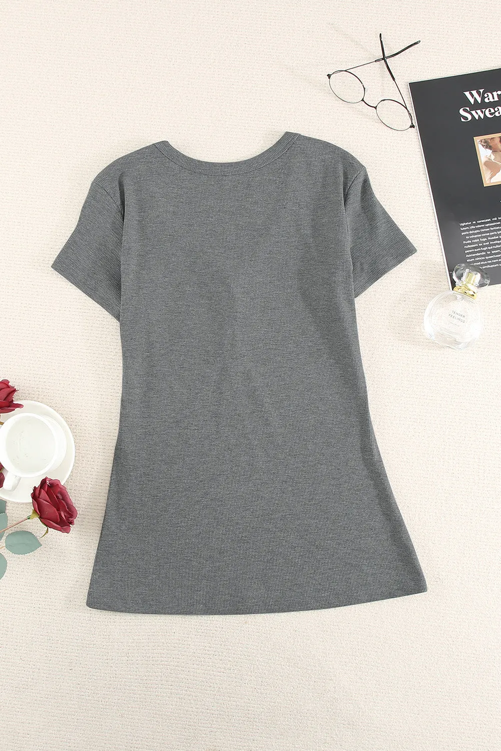 Gray Buttoned V Neck Slim-fit Short Sleeve T-shirt