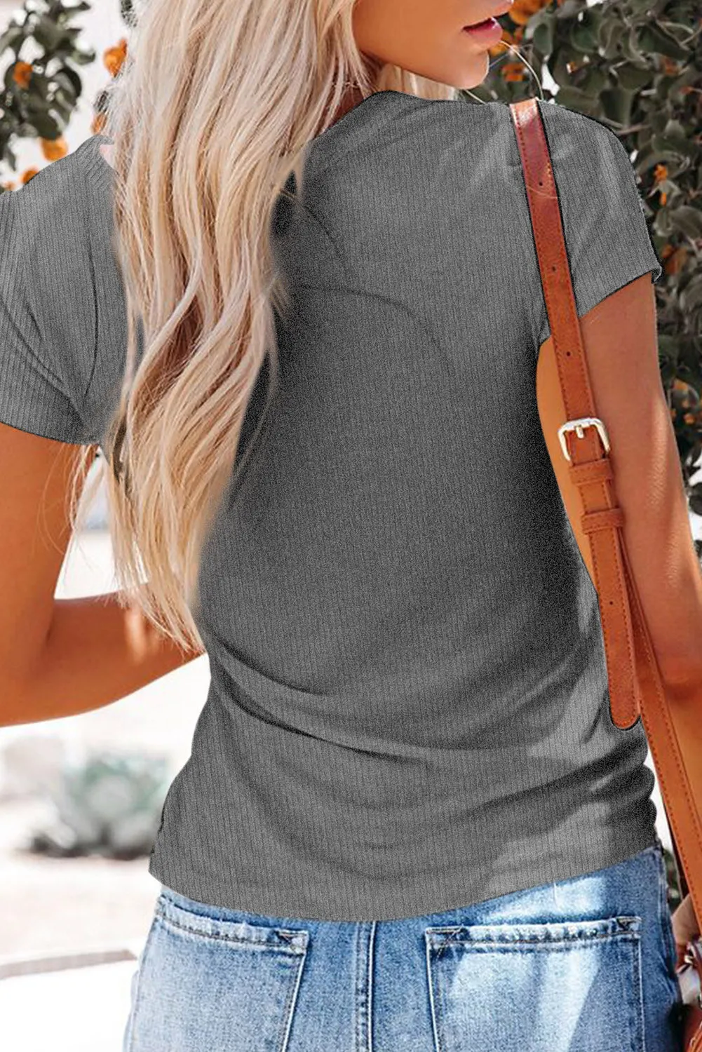 Gray Buttoned V Neck Slim-fit Short Sleeve T-shirt