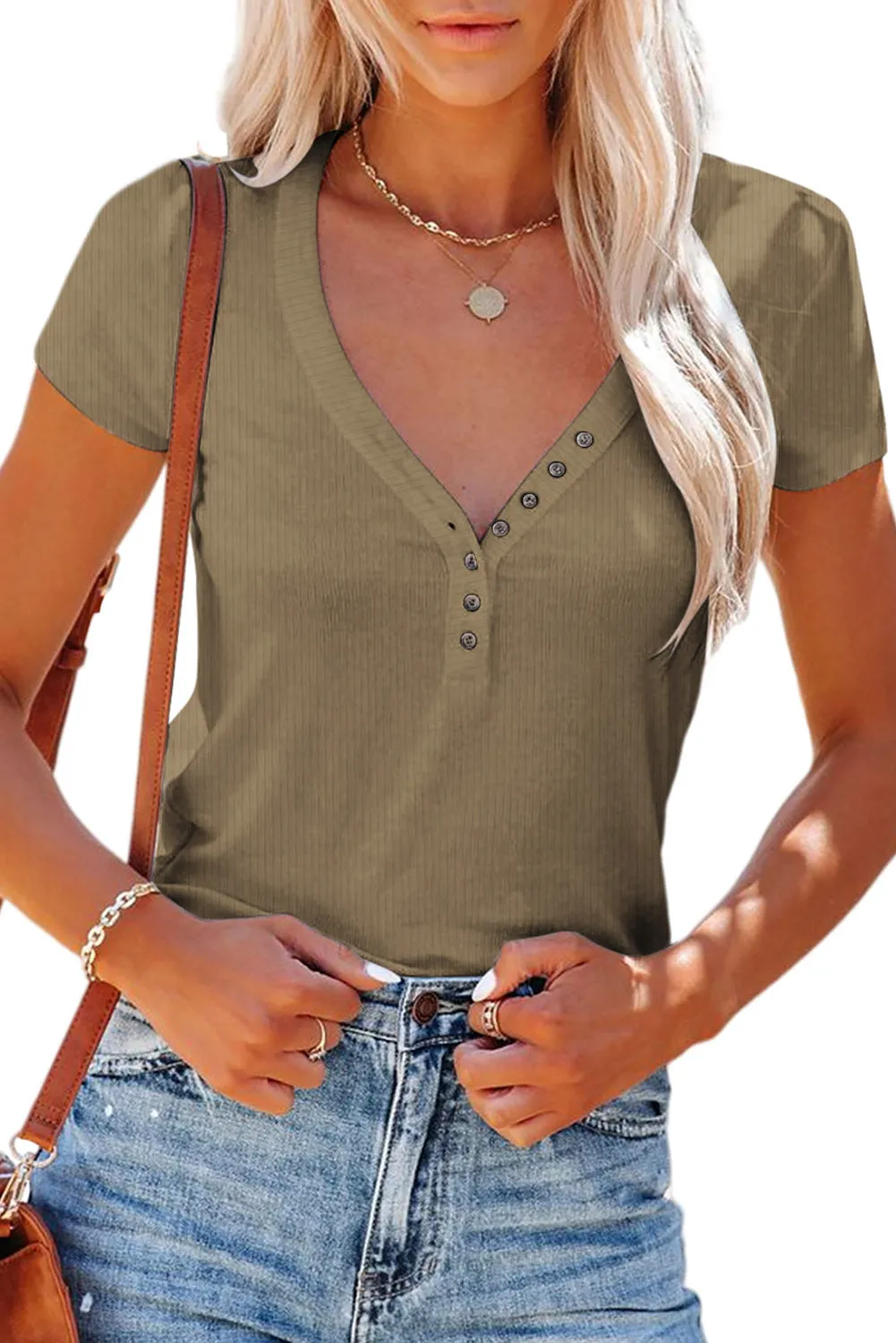 Gray Buttoned V Neck Slim-fit Short Sleeve T-shirt