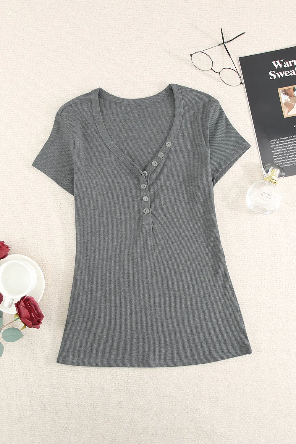 Gray Buttoned V Neck Slim-fit Short Sleeve T-shirt