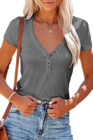 Gray Buttoned V Neck Slim-fit Short Sleeve T-shirt