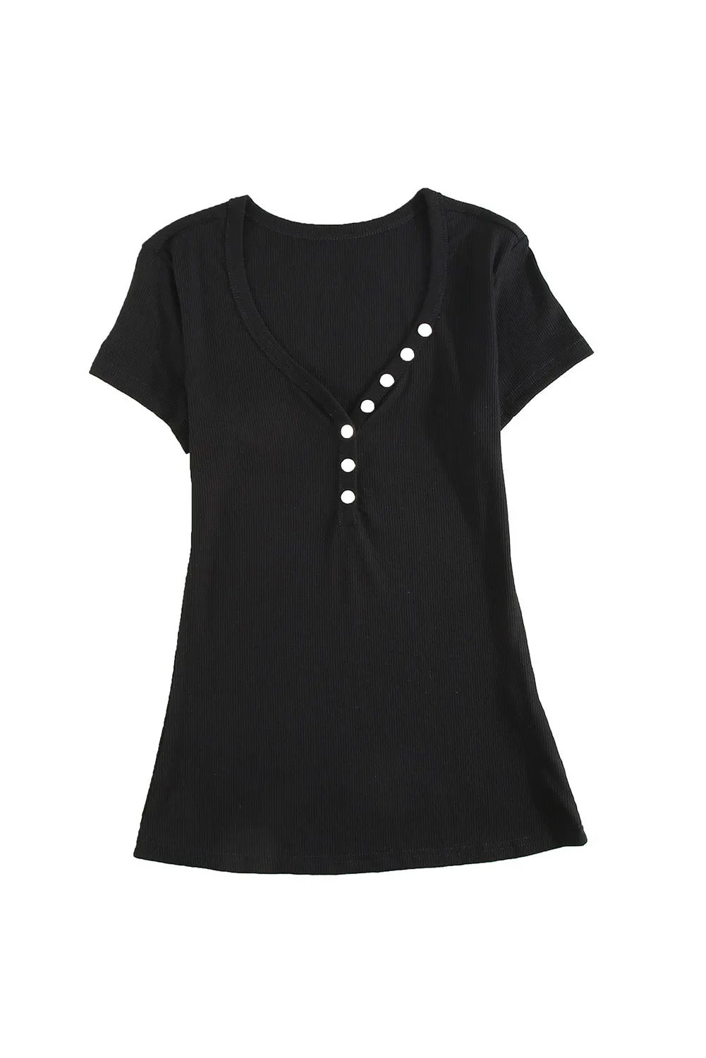 Gray Buttoned V Neck Slim-fit Short Sleeve T-shirt