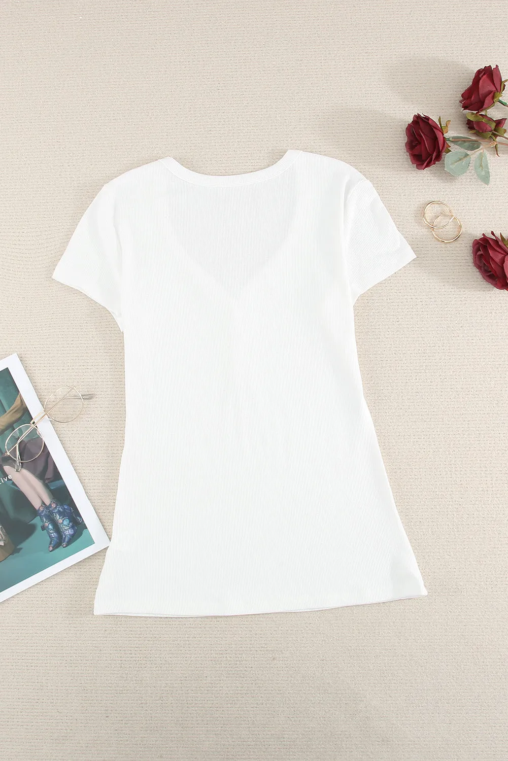 Gray Buttoned V Neck Slim-fit Short Sleeve T-shirt