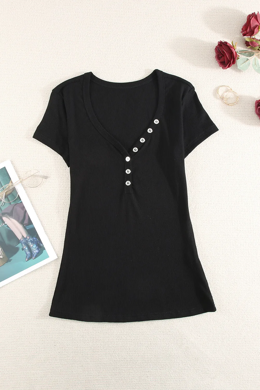 Gray Buttoned V Neck Slim-fit Short Sleeve T-shirt