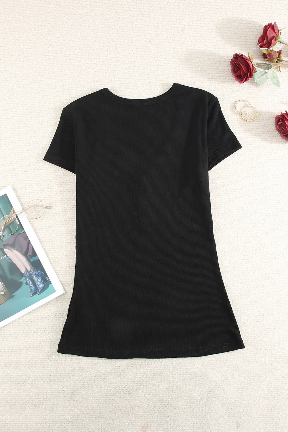 Gray Buttoned V Neck Slim-fit Short Sleeve T-shirt