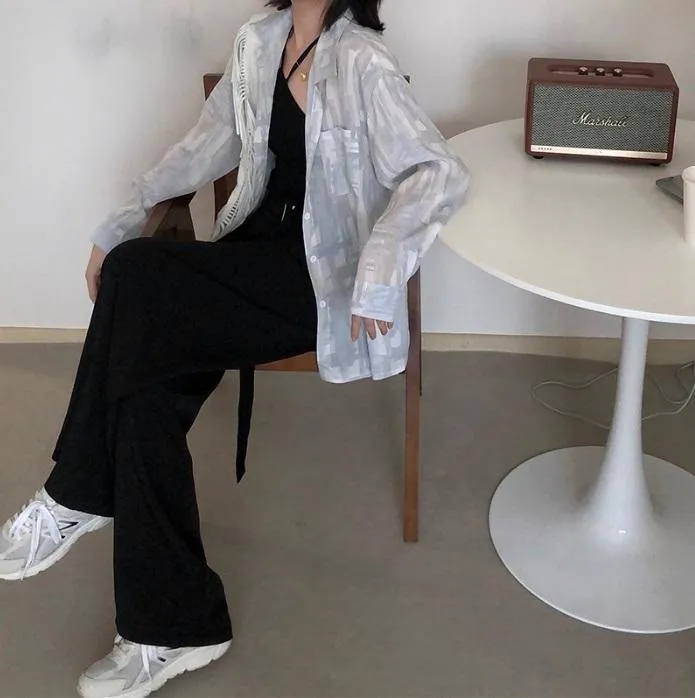 Grayish Blue Retro Pattern 90S Aesthetic Loose Shirt