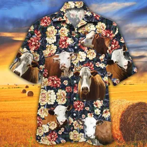 Hereford Cattle Lovers Green Plaid Pattern Hawaiian Shirt, Animals Button Down Mens Hawaiian Shirts Short Sleeve