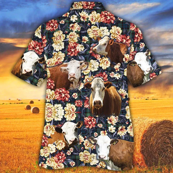 Hereford Cattle Lovers Green Plaid Pattern Hawaiian Shirt, Animals Button Down Mens Hawaiian Shirts Short Sleeve