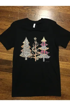 L and B Tees Black Leopard And Plaid Christmas Trees Tee