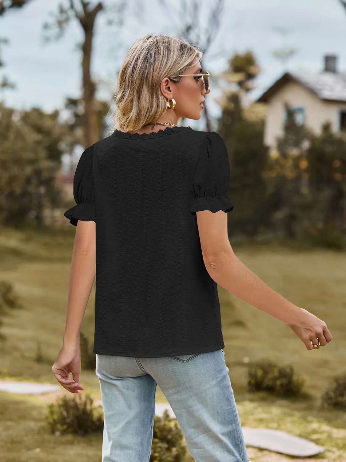Lace Detail V-Neck Flounce Sleeve Blouse