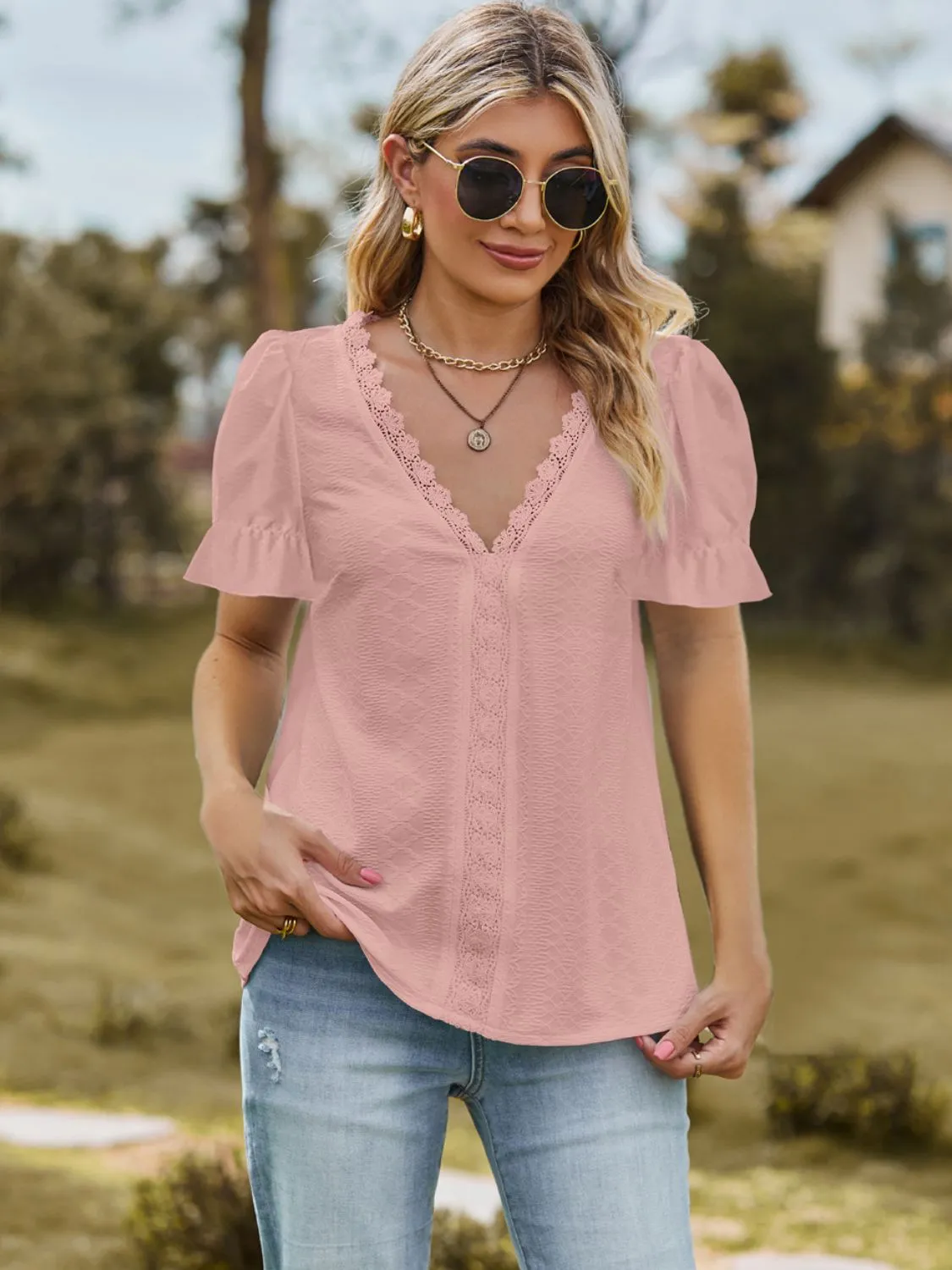 Lace Detail V-Neck Flounce Sleeve Blouse