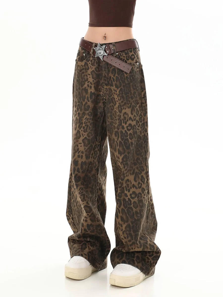 Leopard Print Hip Hop Loose Fit Denim Jeans