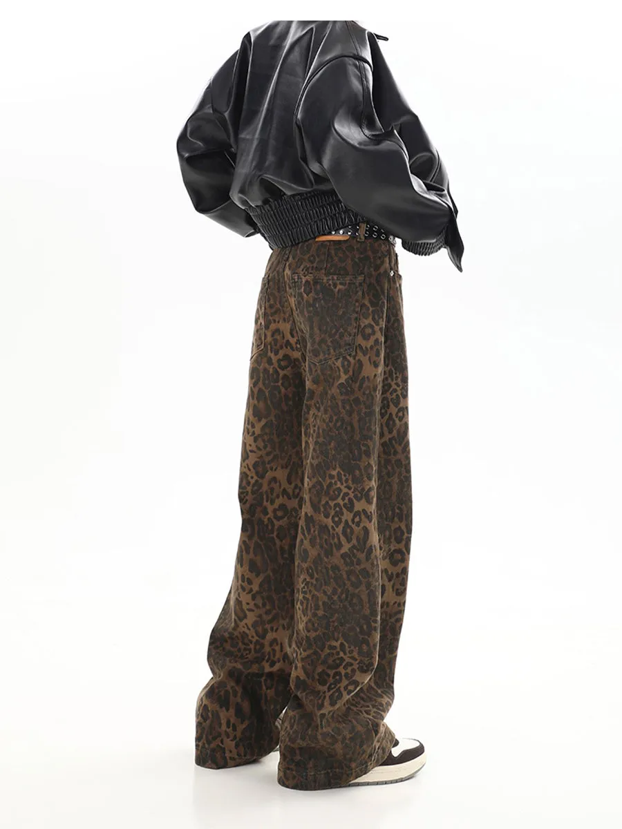 Leopard Print Hip Hop Loose Fit Denim Jeans