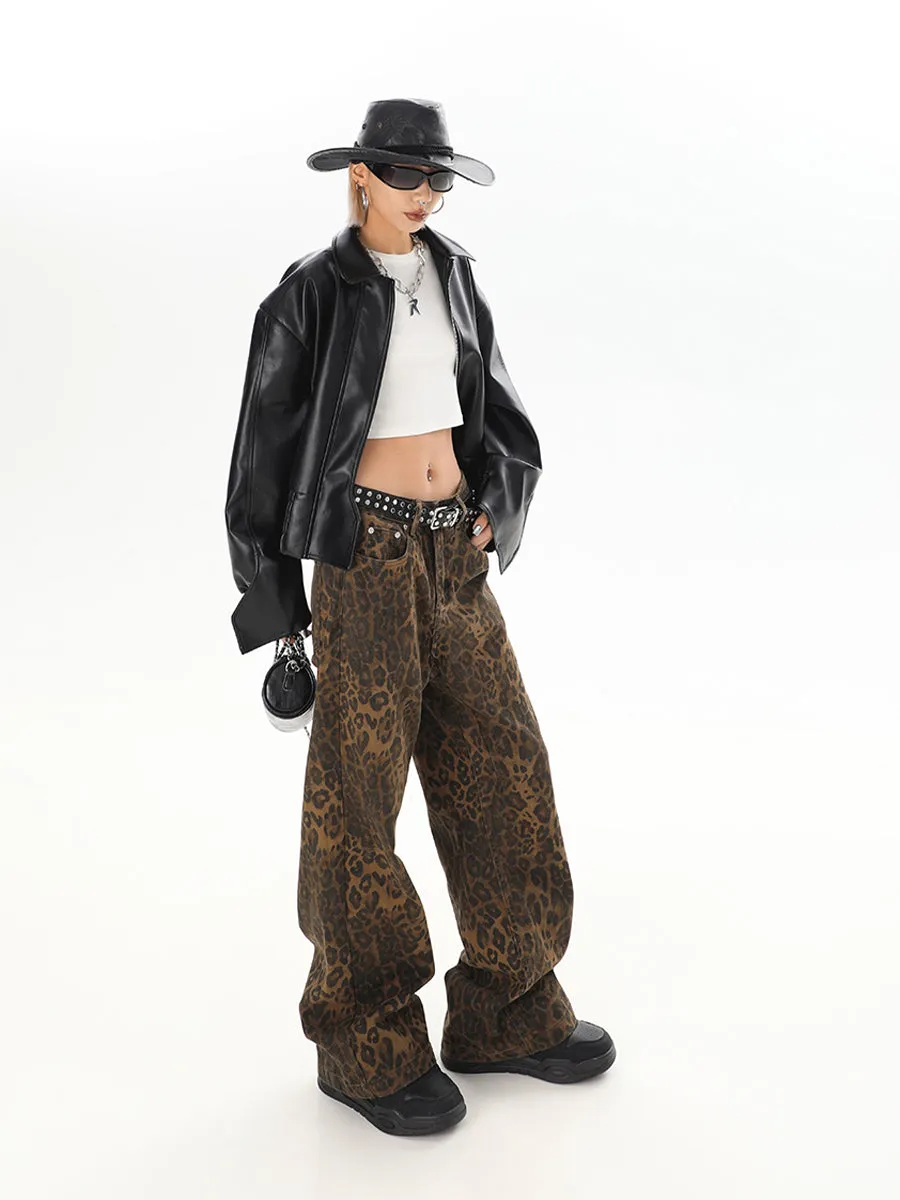 Leopard Print Hip Hop Loose Fit Denim Jeans