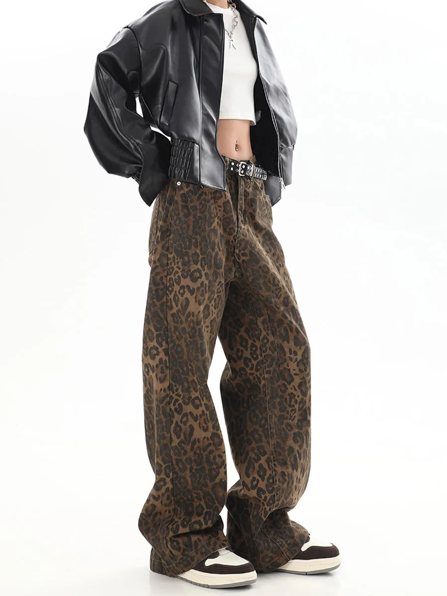 Leopard Print Hip Hop Loose Fit Denim Jeans