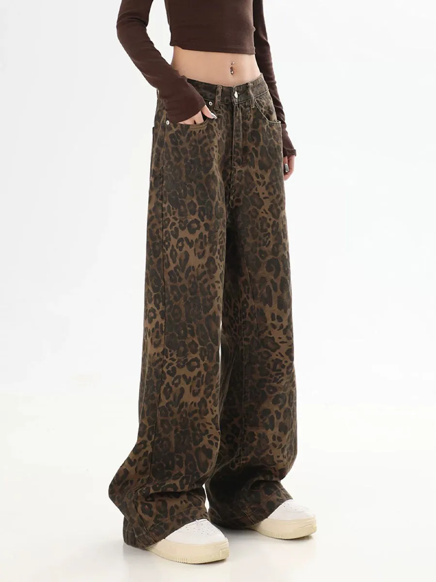 Leopard Print Hip Hop Loose Fit Denim Jeans