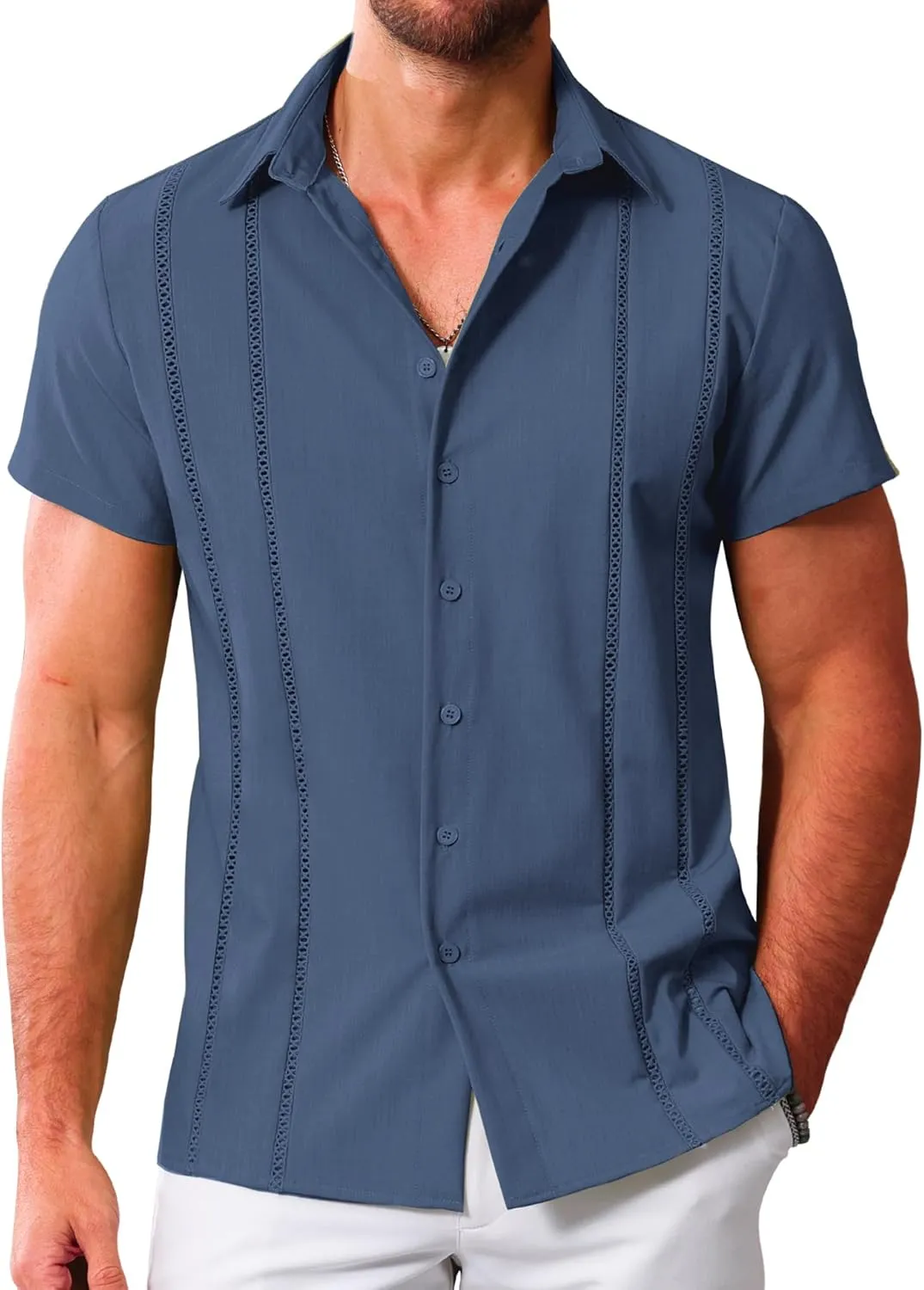 LETSEE Men's Cuban Guayabera Shirt Short Sleeve Casual Button Down Shirts Summer Beach Linen Shirts