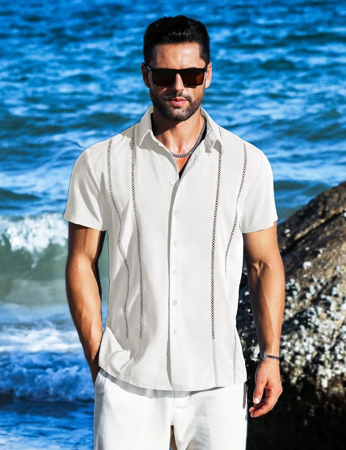 LETSEE Men's Cuban Guayabera Shirt Short Sleeve Casual Button Down Shirts Summer Beach Linen Shirts